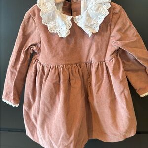 La Coqueta  Pink Corduroy  Dress with Lace Collar and diaper cover